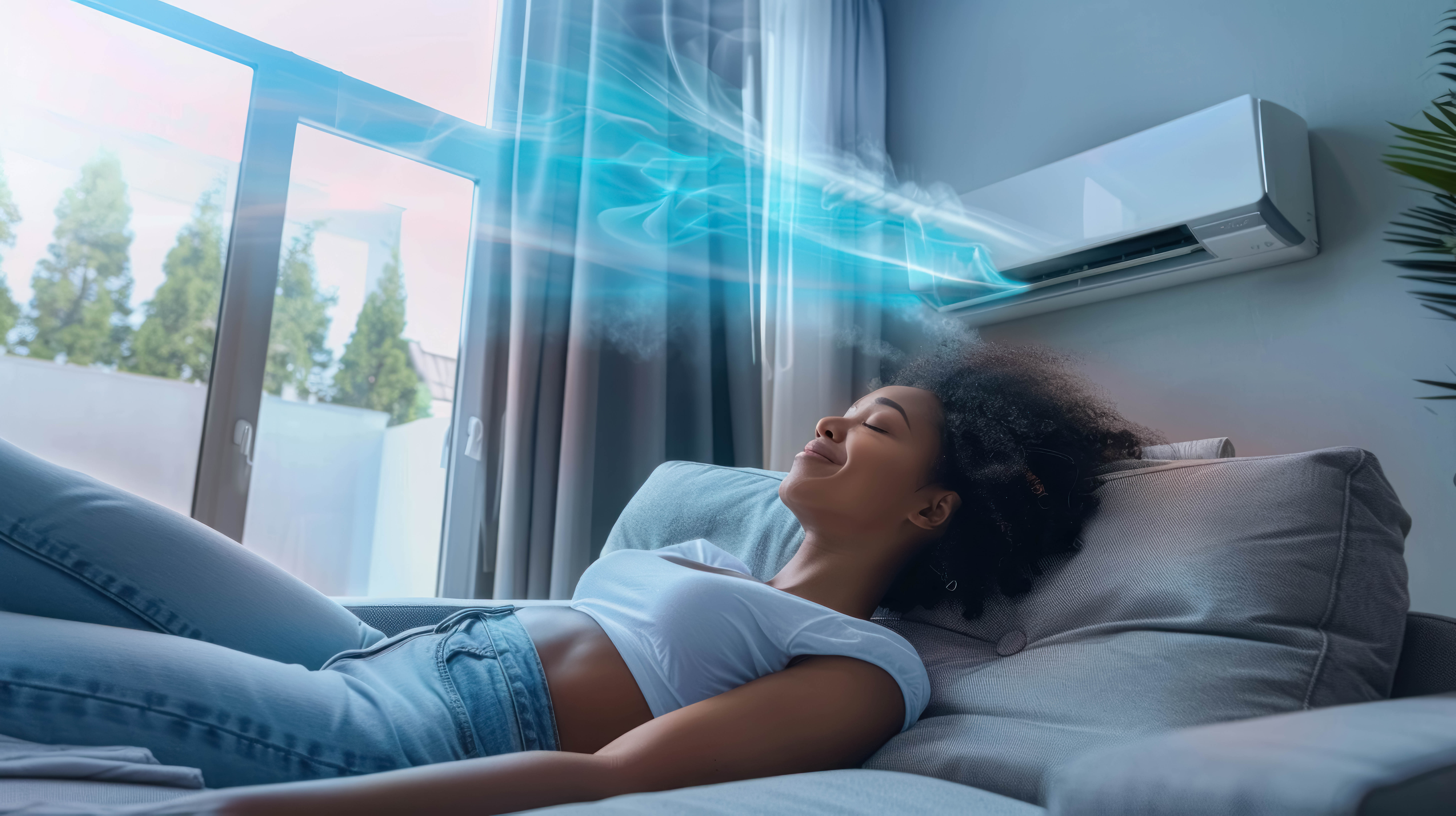 smiling-black-woman-living-room-enjoying-comfort-efficient-air-conditioner