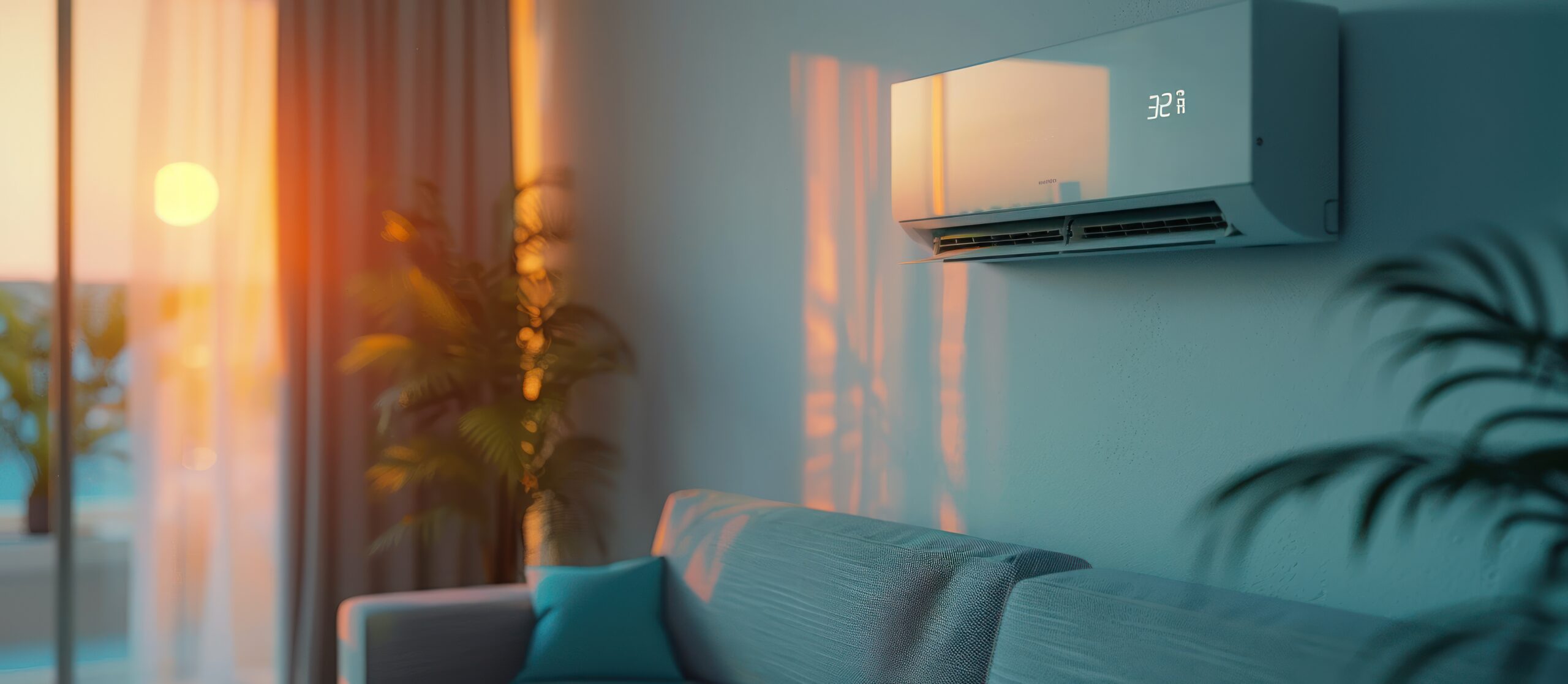 A white air conditioner is mounted on the wall in a living room