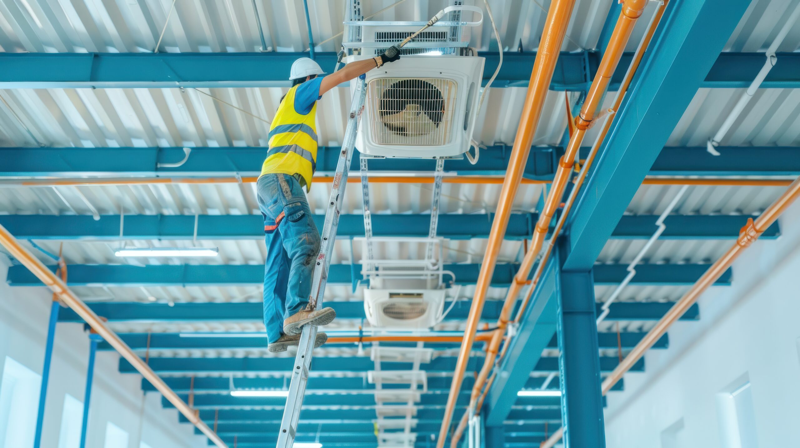Worker Inspecting Air Conditioning Unit